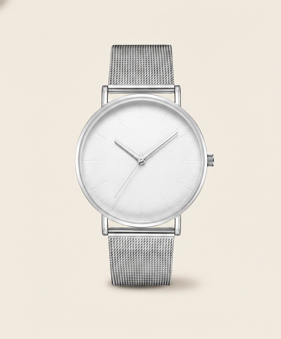 Silver Milano watch with Milanese mesh strap and white minimalist dial, front view
