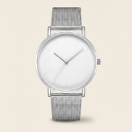 Silver Milano watch with Milanese mesh strap and white minimalist dial, front view