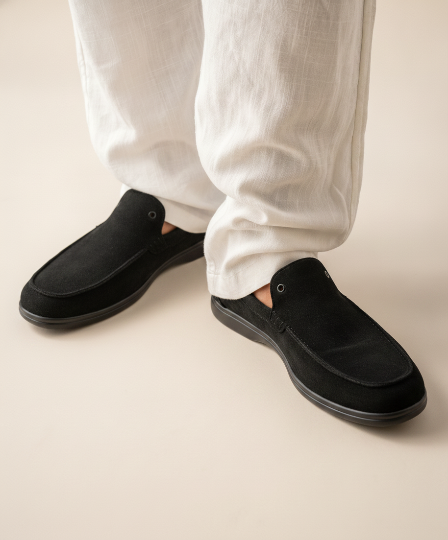 Looksmaxxing Everyday suede loafers in black, product photo
