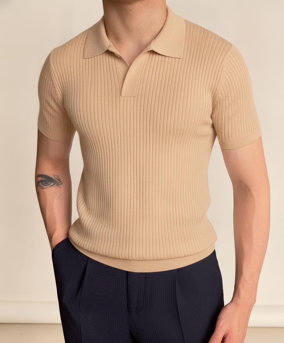 Looksmaxxing Ravenna knitted polo shirt in sand, product photo