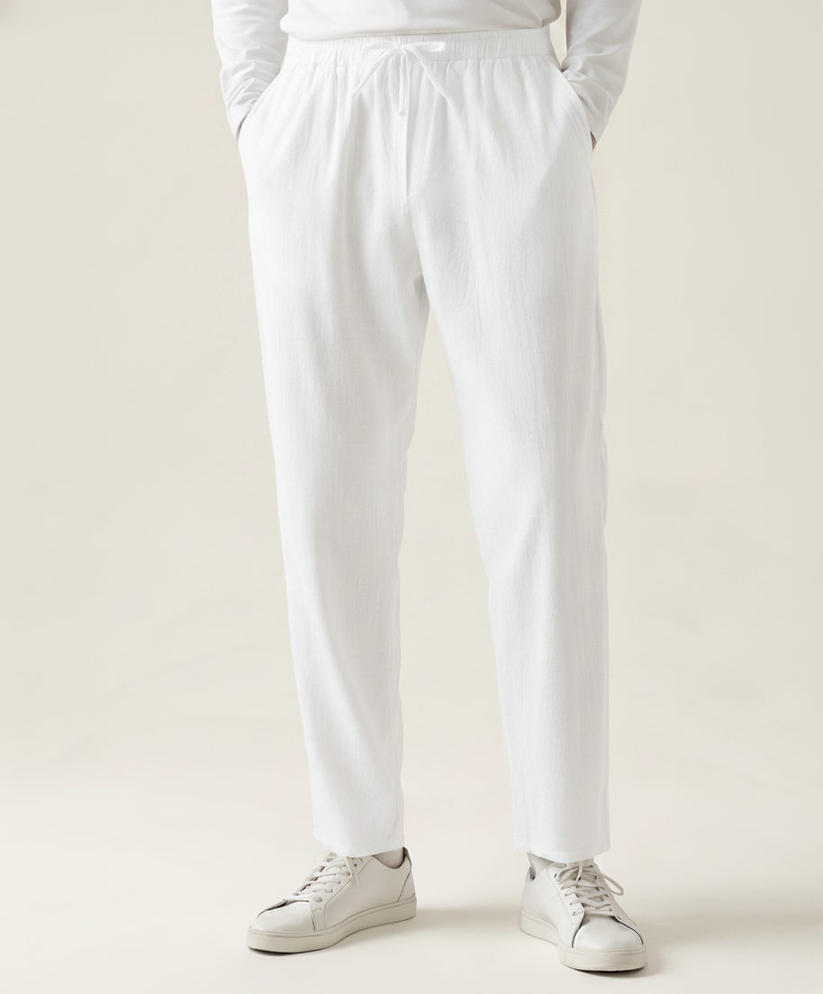 Looksmaxxing Santorini linen trousers in white, product photo