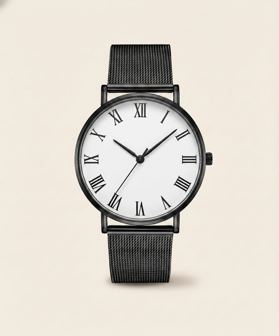 Looksmaxxing Milano mesh watch in black / white — roman, product photo
