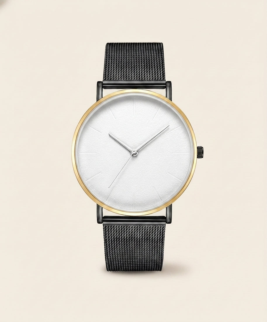 Looksmaxxing Milano mesh watch in black / white — gold rim, product photo