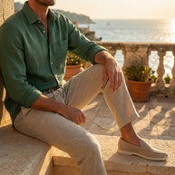 Man wearing the Forest four-piece set on a Mediterranean terrace