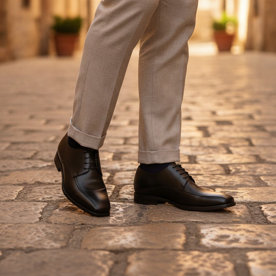 Man wearing the Looksmaxxing Modena elevator oxford on a Mediterranean street