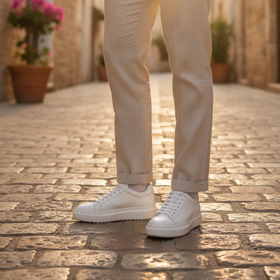 Man wearing the Looksmaxxing Cefalu platform trainers on a Mediterranean street