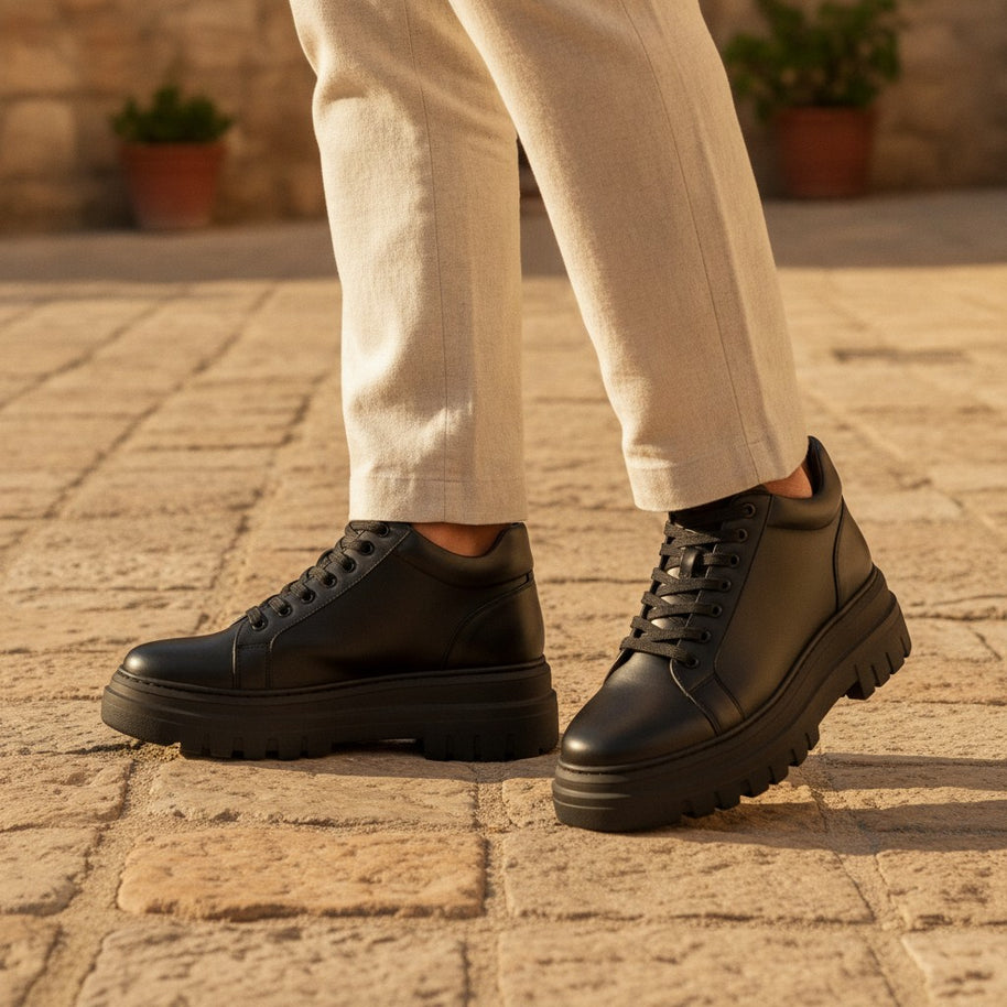 Man wearing the Looksmaxxing Stromboli platform trainers on a Mediterranean street