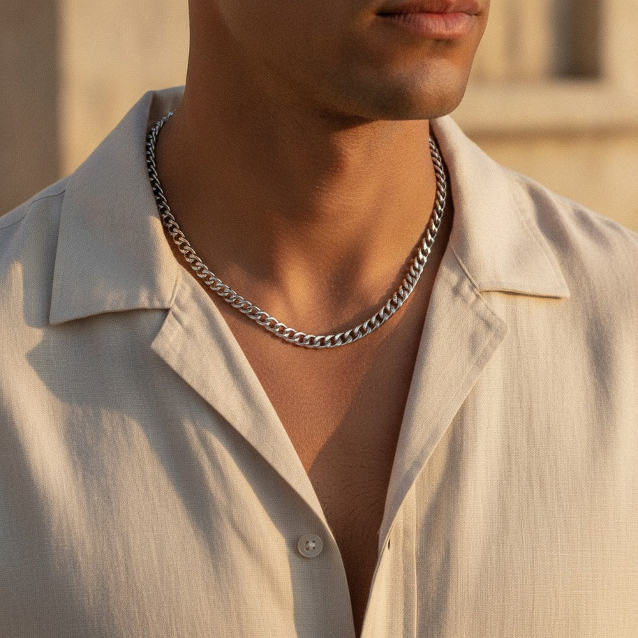 Looksmaxxing Salerno Cuban link chain necklace worn on model