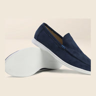 Navy four-piece set, suede loafers