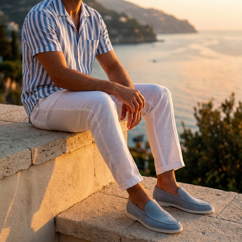 Man wearing the Amalfi Blue 4-piece set on an Amalfi coast terrace at golden hour