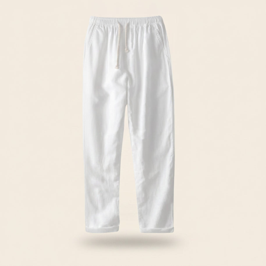 White linen drawstring trousers from the Amalfi Blue set