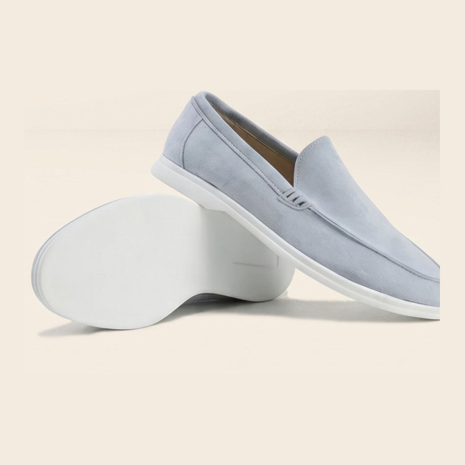 Light blue suede loafers from the Amalfi Blue set