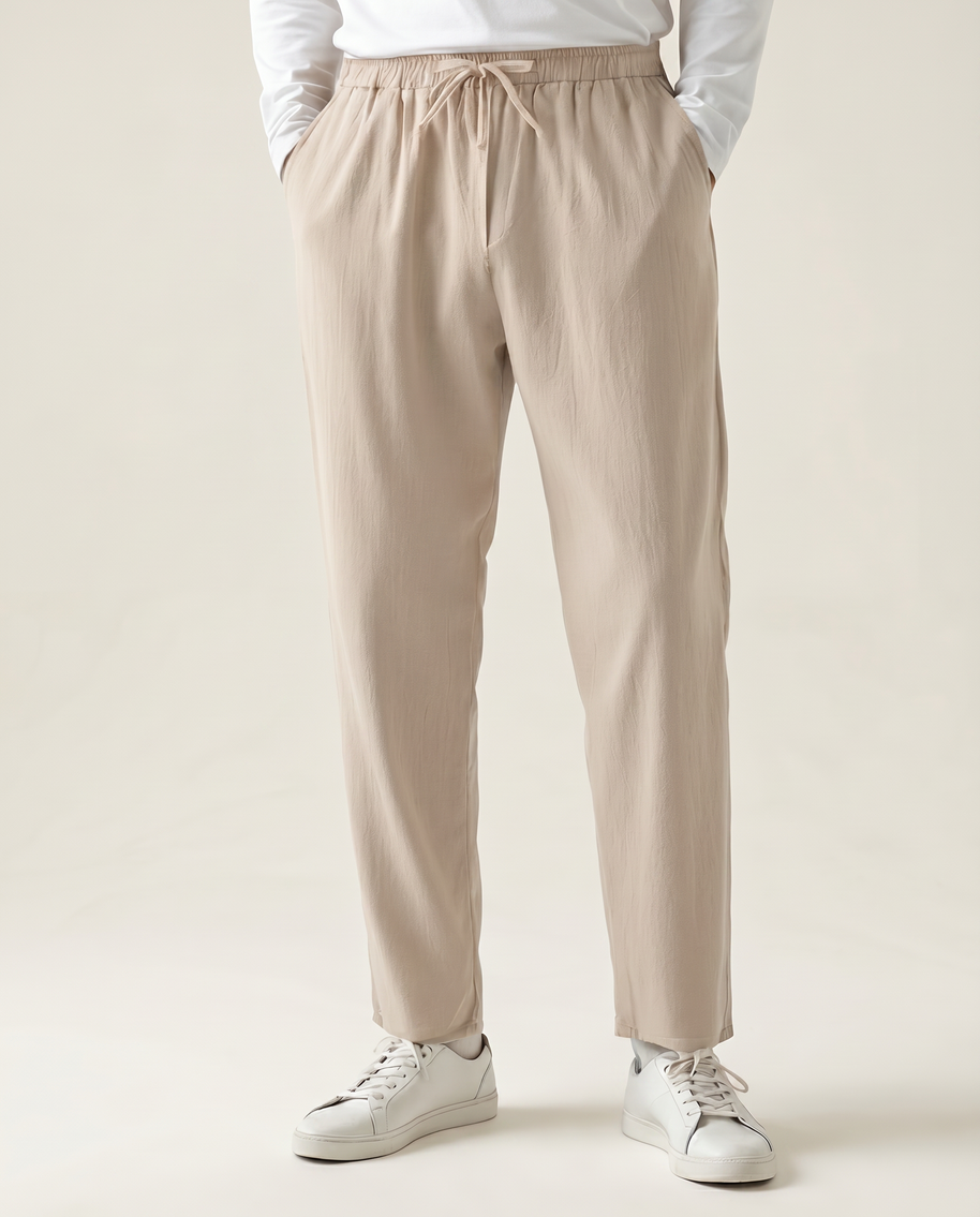 Looksmaxxing Zanzibar linen trousers, front product photo