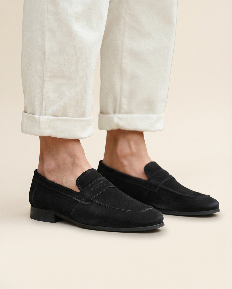 Looksmaxxing Positano suede penny loafers, front product photo
