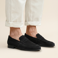 Looksmaxxing Positano suede penny loafers, front product photo