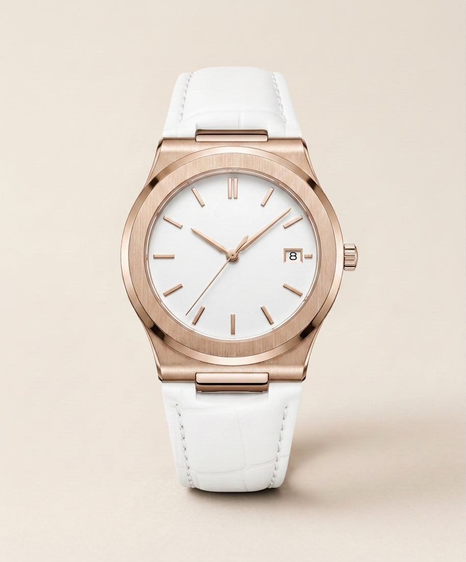 Looksmaxxing Lisbon leather watch in white, product photo