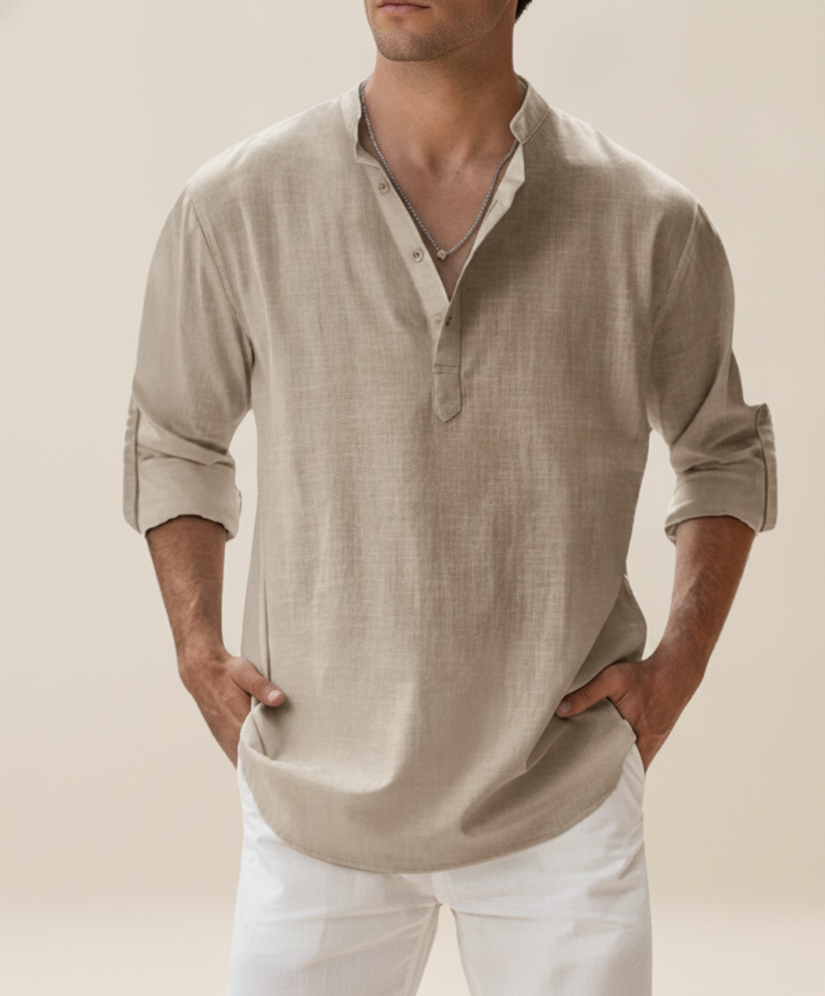 Looksmaxxing Mykonos linen henley, front product photo