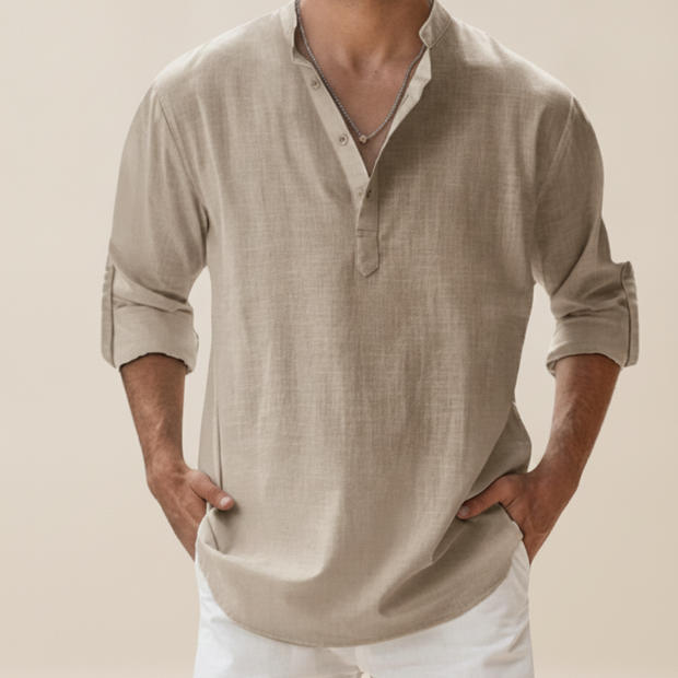 Looksmaxxing Mykonos linen henley, front product photo