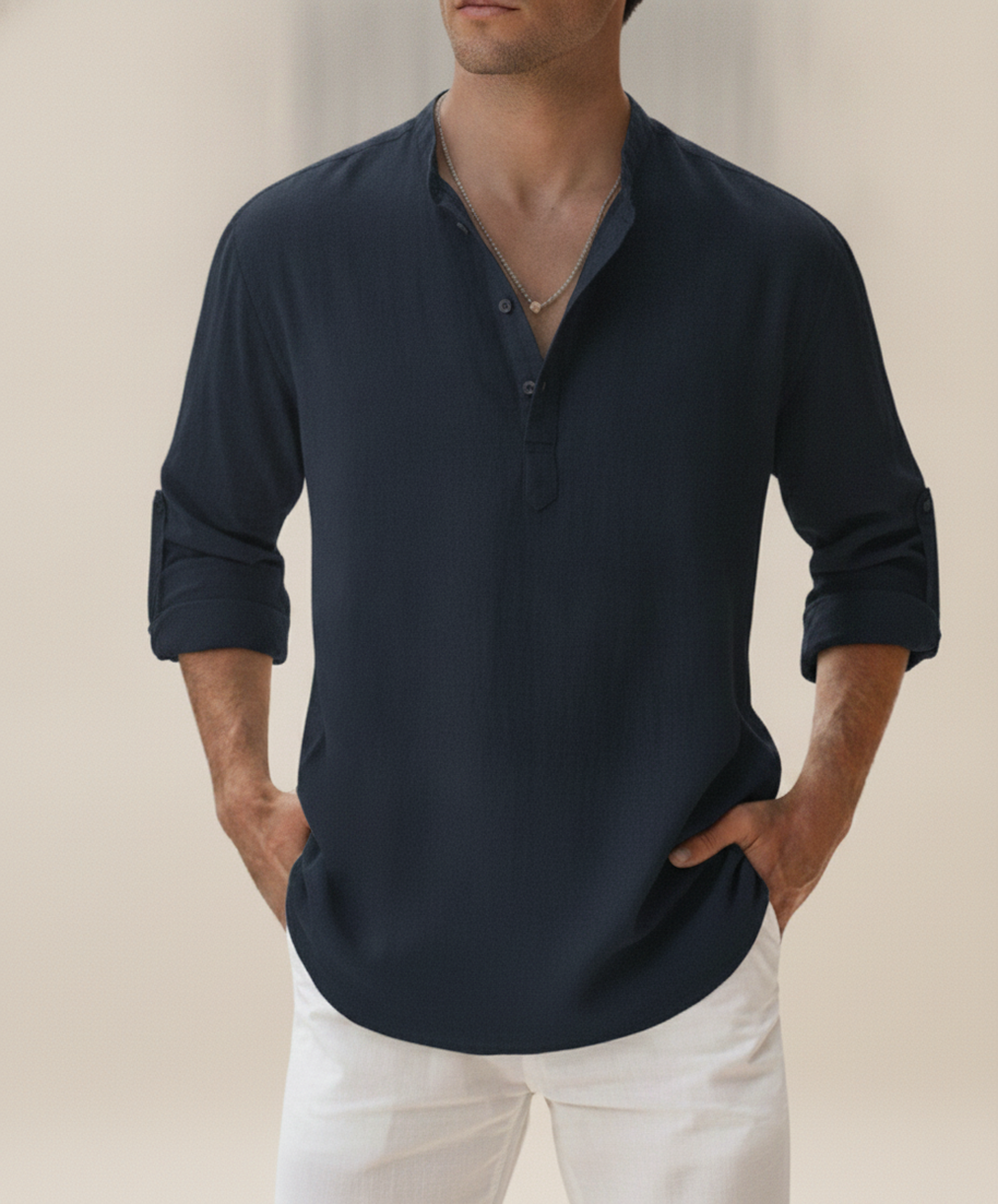 Looksmaxxing Mykonos linen henley in navy, product photo