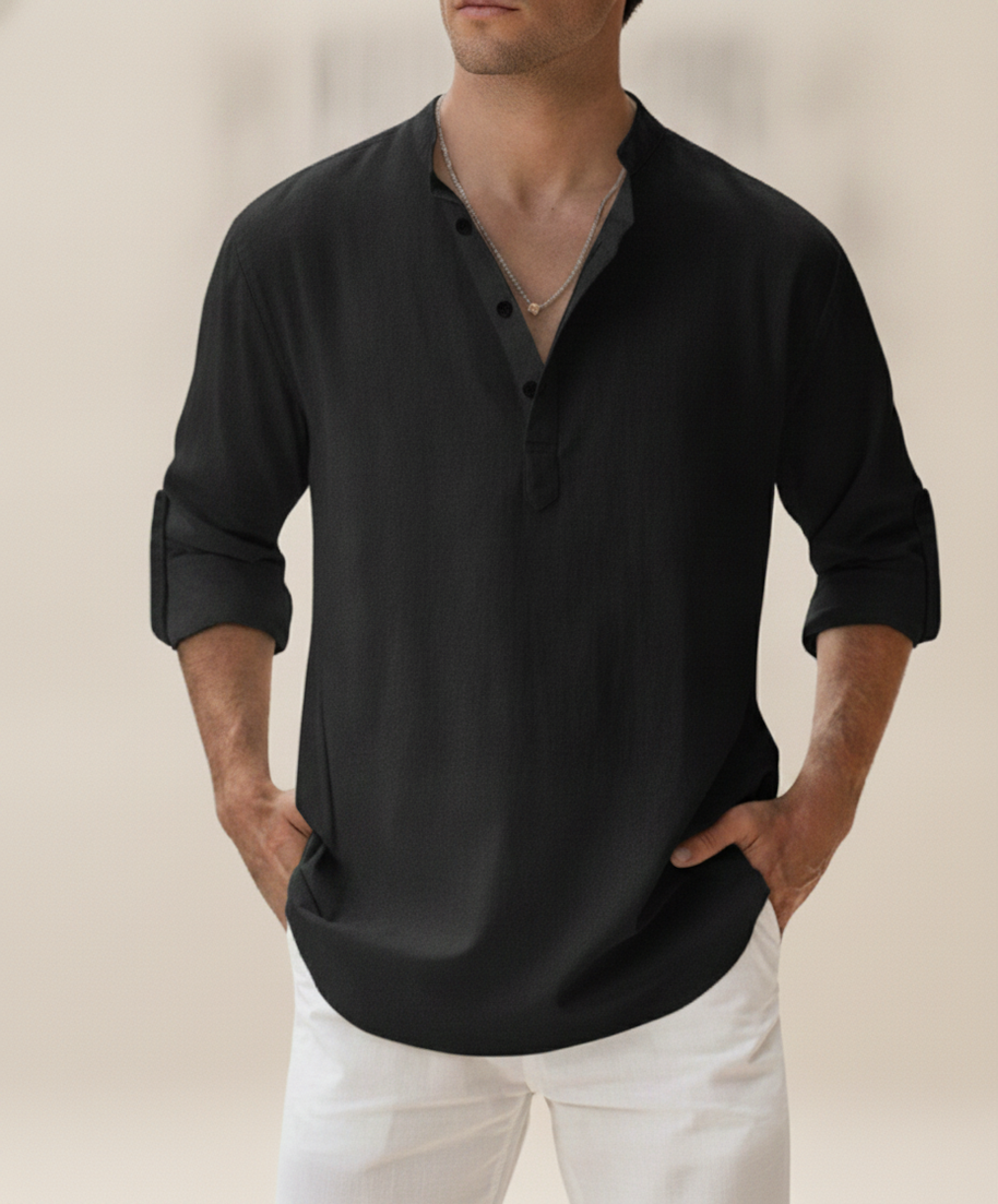 Looksmaxxing Mykonos linen henley in black, product photo
