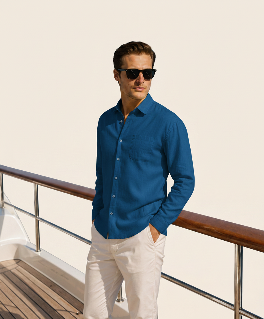 Looksmaxxing 100% linen shirt in blue, product photo