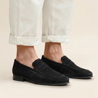 Looksmaxxing Positano suede penny loafers in black, product photo
