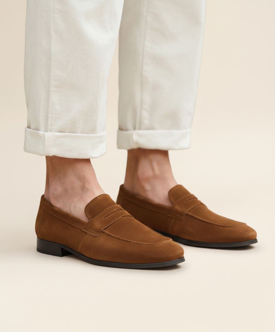 Looksmaxxing Positano suede penny loafers in brown, product photo