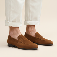 Looksmaxxing Positano suede penny loafers in brown, product photo
