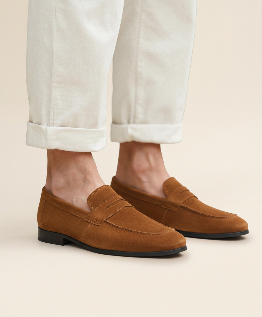 Looksmaxxing Positano suede penny loafers in caramel, product photo