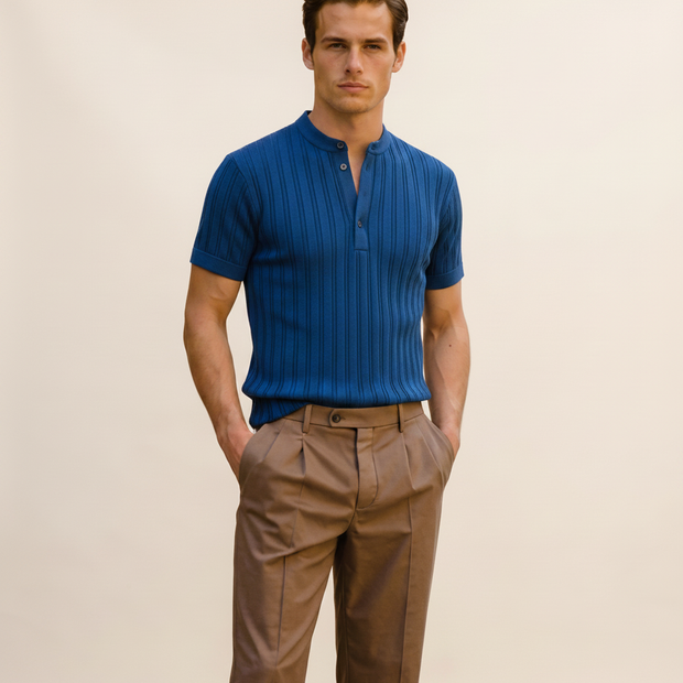 Looksmaxxing ribbed knit sailor polo shirt in blue, product photo