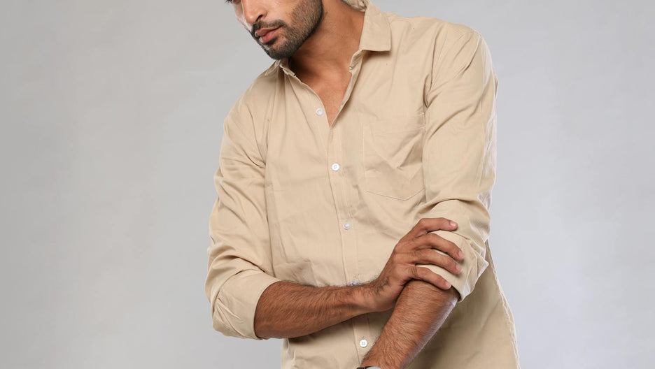 Beige linen shirt on model