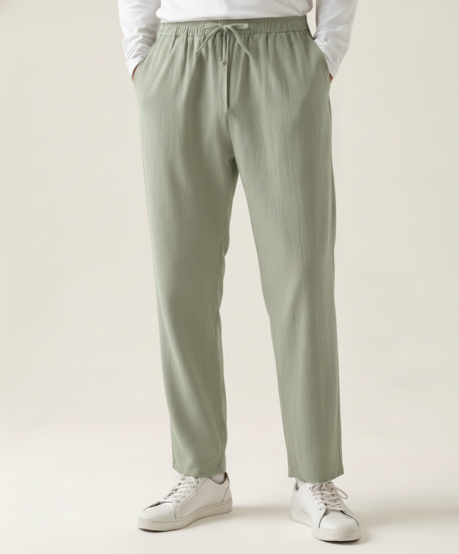 Looksmaxxing Santorini linen trousers in sage, product photo